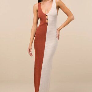 Rust and Light Beige Color Block Textured Knit Midi Dress